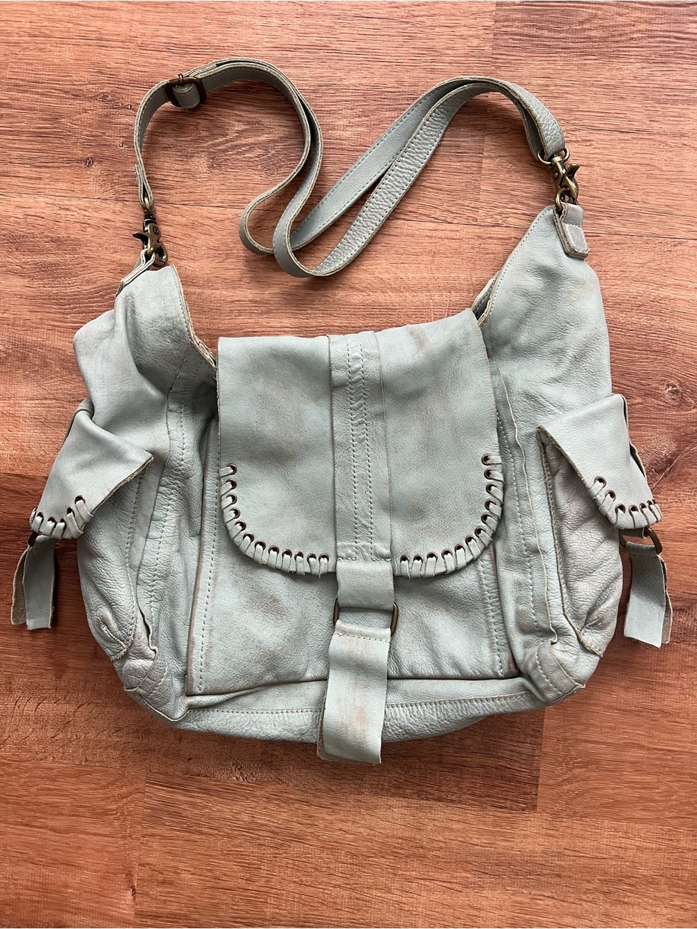Free People We The Free Leigh Distressed Leather Hobo Bag RT $198 Blue Gray